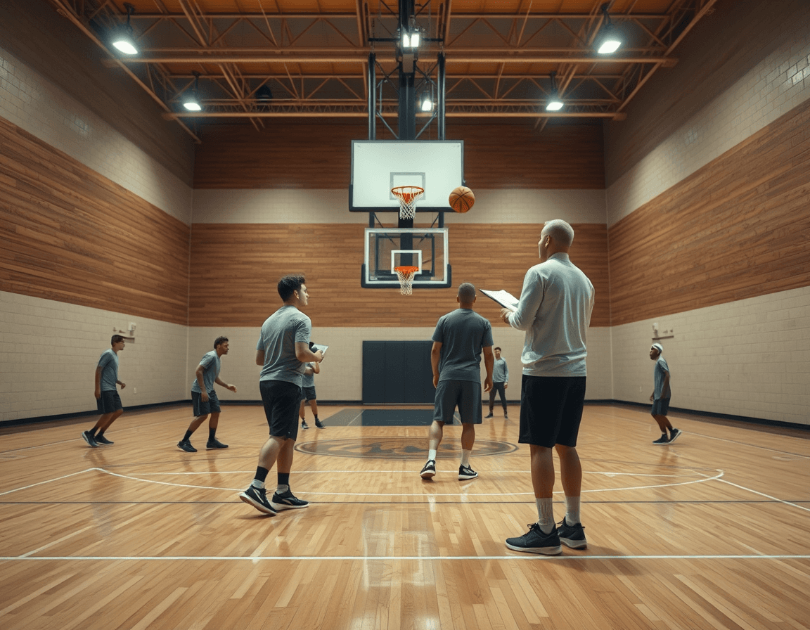 basketball dribbling workout pdf inspired scene on a polished basketball court with a coach and players.