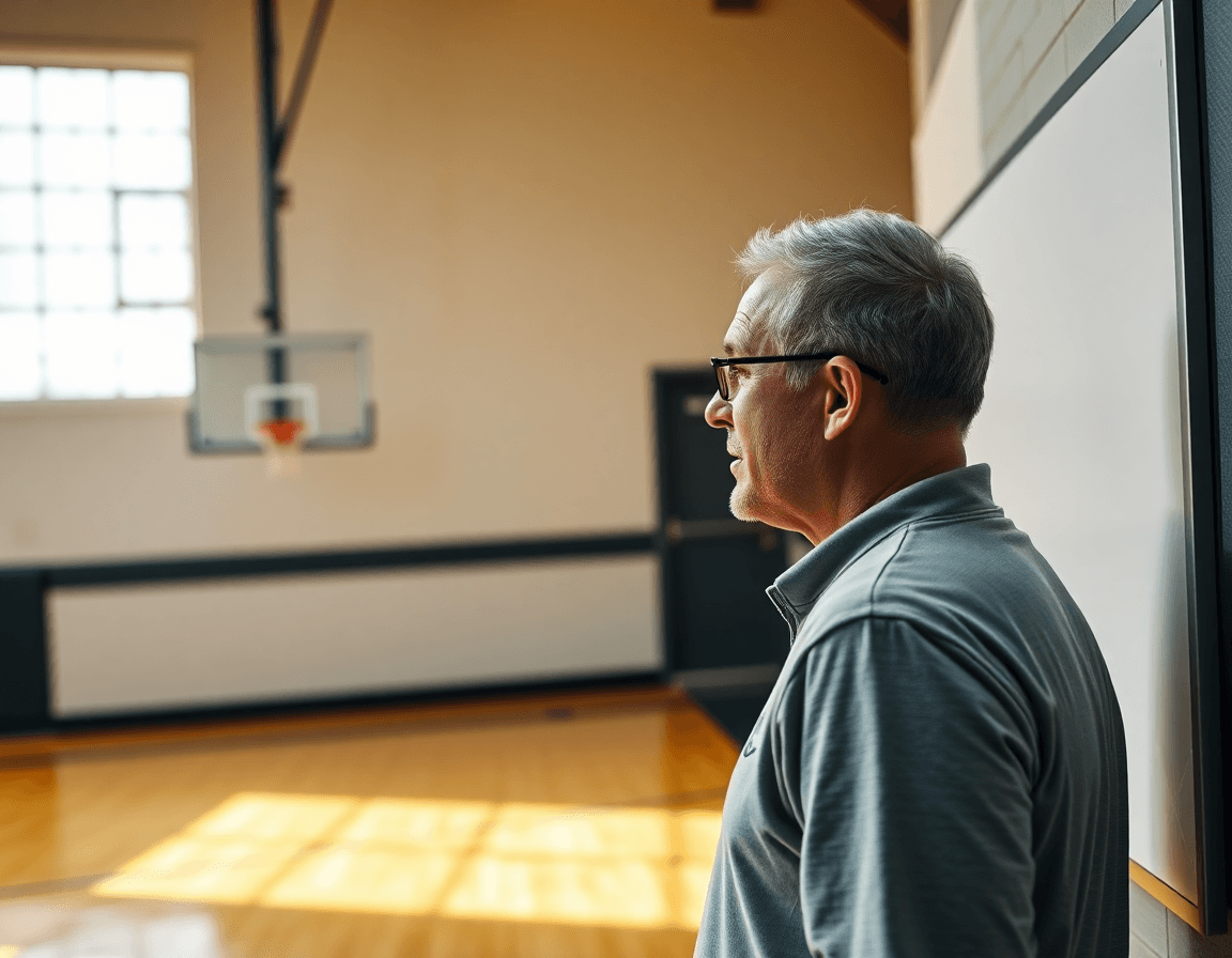 Coach explaining tactics on a gym whiteboard
