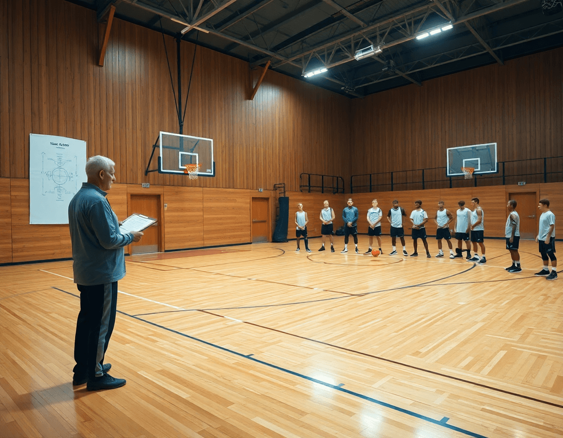 Wide basketball gym scene illustrating basketball drill book pdf concepts in action.