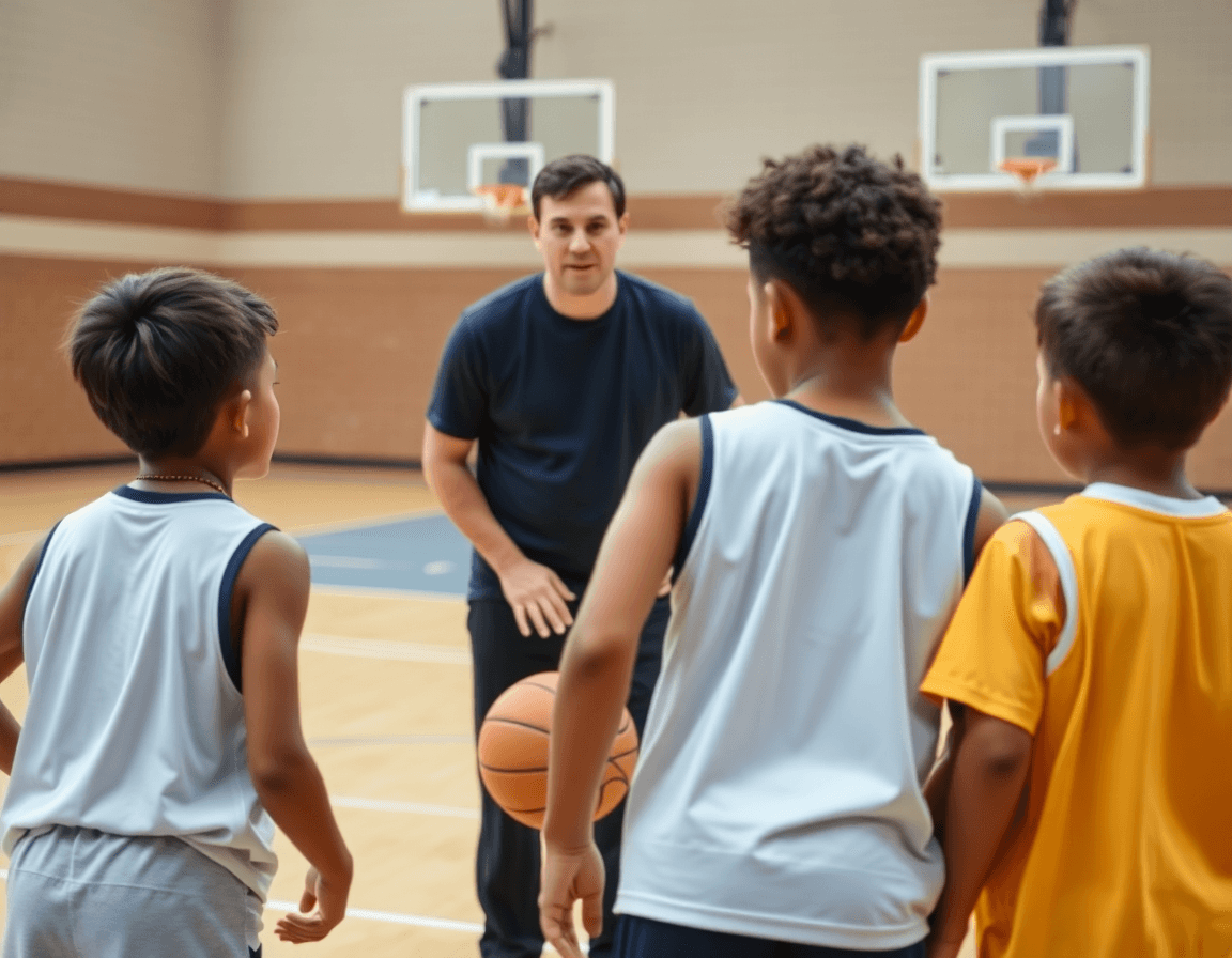 Mid-action shot of a coach guiding basketball drills for 3 4 year olds near top of the key, basketball on court.