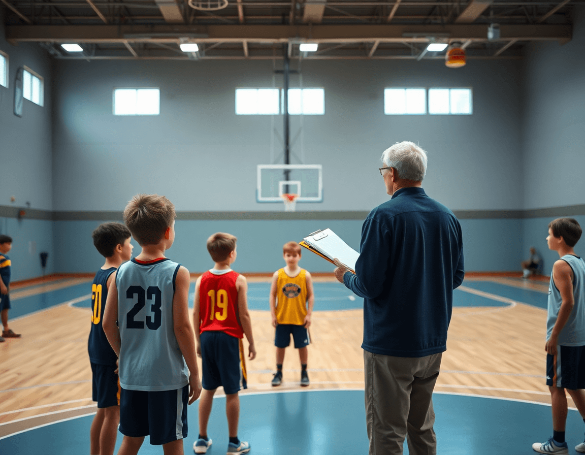 Wide shot of a coach with clipboard overseeing basketball drills for 3 4 year olds on basketball court.