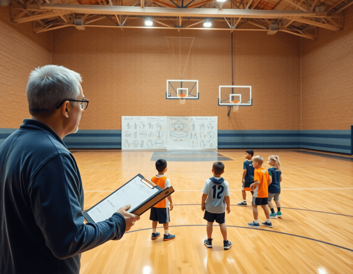 Wide basketball gym scene with a coach guiding basketball drills for 3 4 year olds during practice.