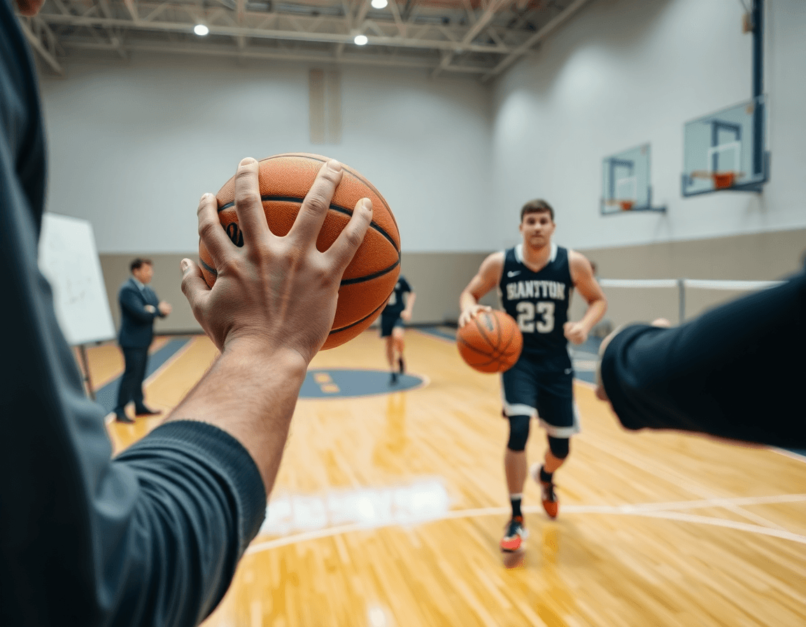 Close-up of hands passing a basketball during a drill with a whiteboarded basketball play.
