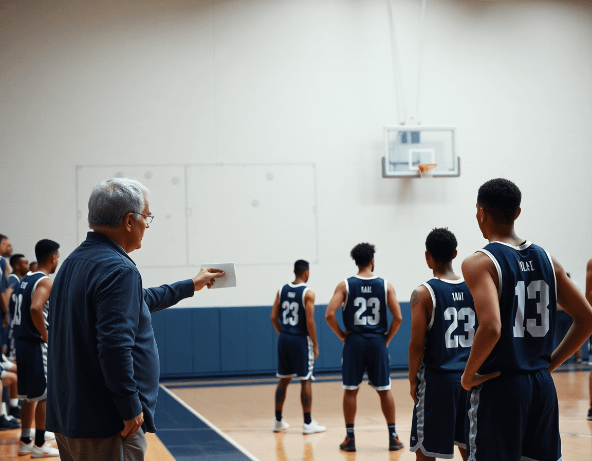 Coach explains a developing basketball play from blob shapes to a simple movement near the top.