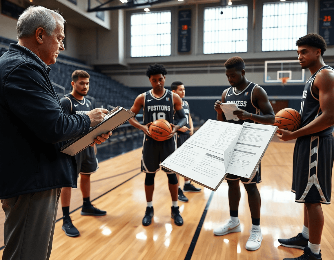 Coach reviews opponent scouting notes while players hold a basketball and discuss basketball tendencies under bright gym lighting.