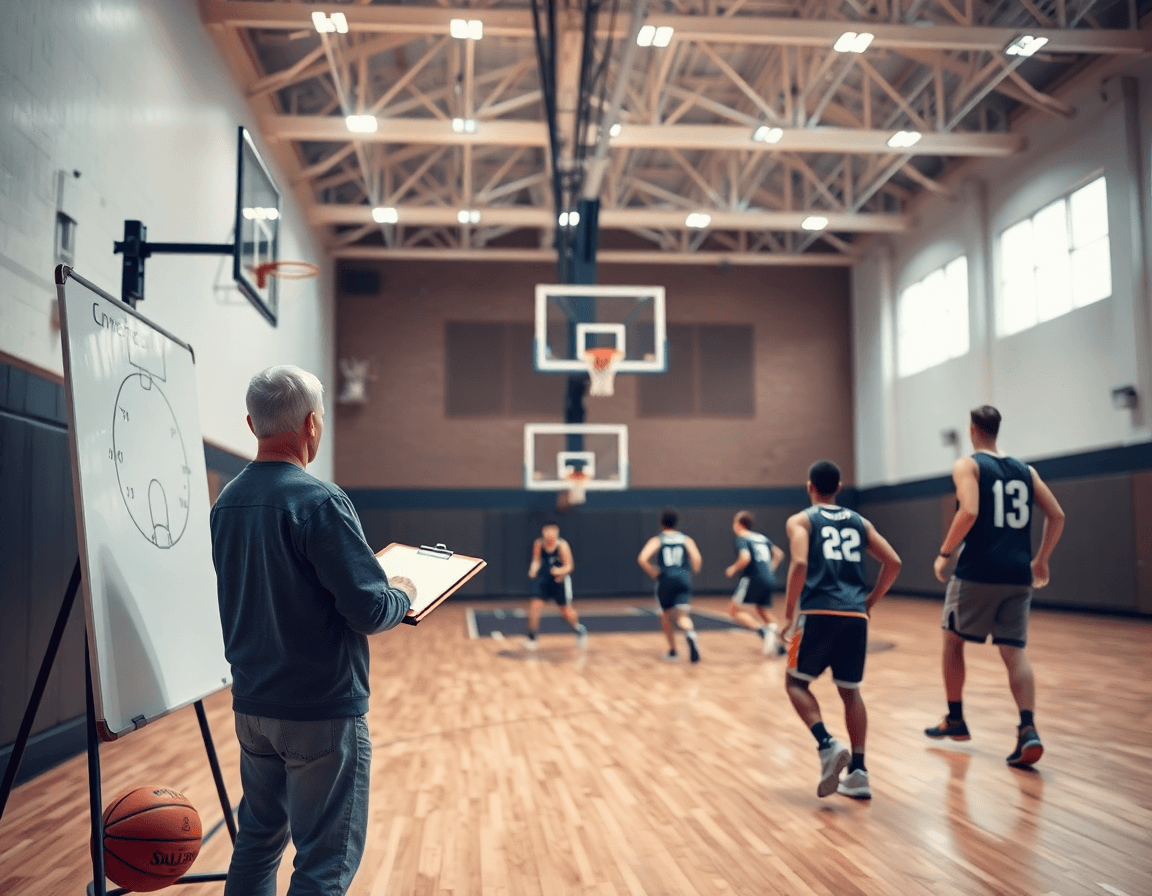 Wide basketball gym scene with coach guiding a team through basketball drills and workouts.