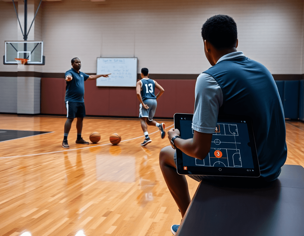 Two players sprint a fast breakout while the basketball drills app guides their sequence.