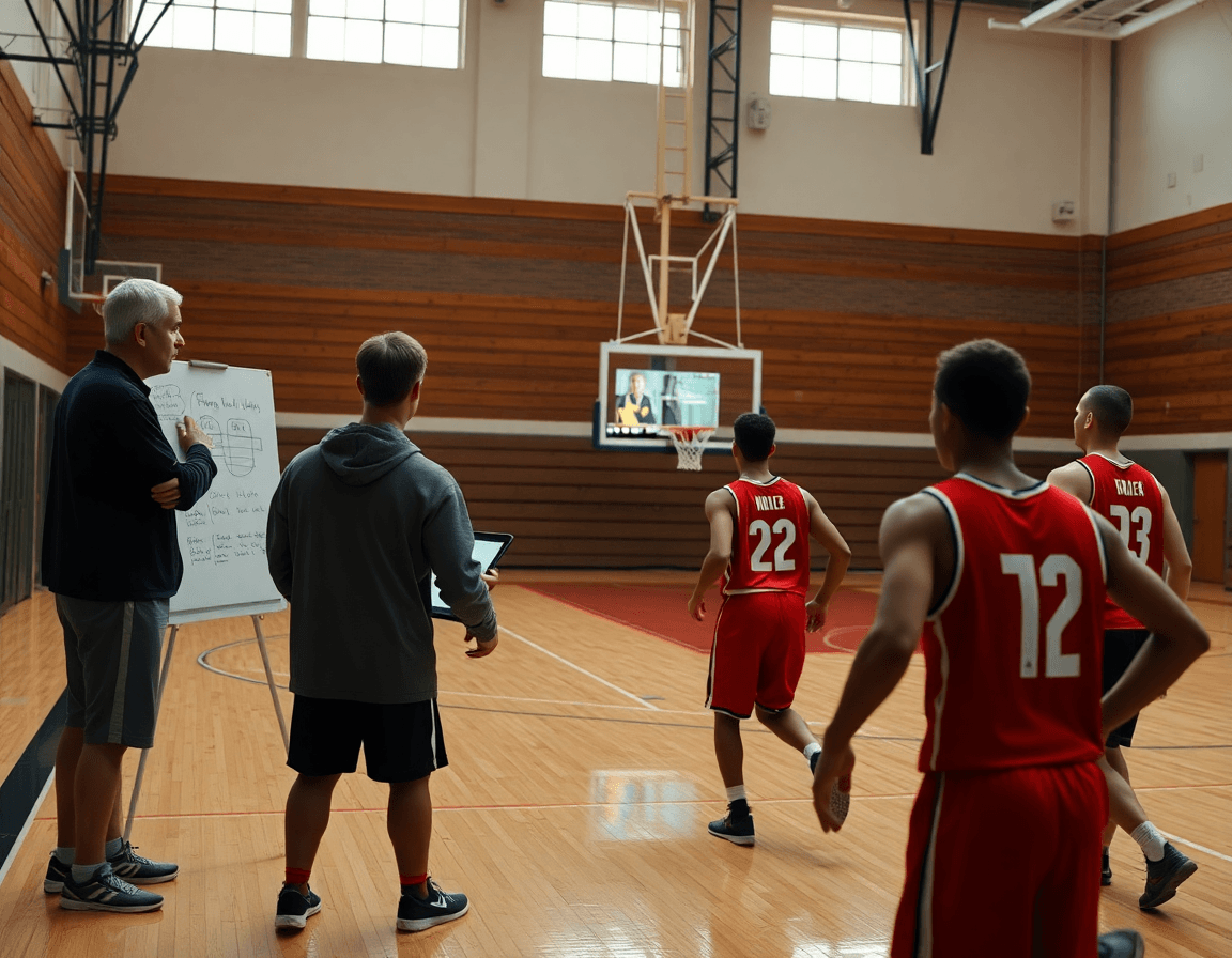 Players study scouting notes while a basketball drills app syncs progress with video footage.