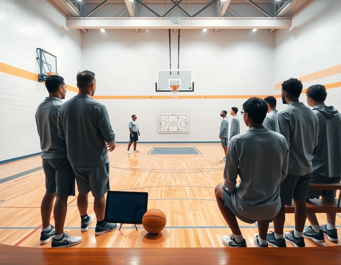 A basketball drills app briefing on a gym whiteboard during a full-court practice.