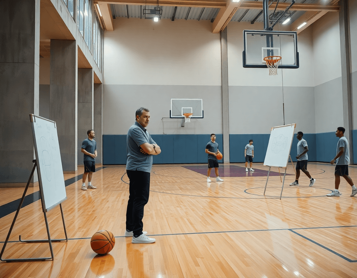 Wide-angle shot of basketball drills by yourself during a team practice in a bright gym.