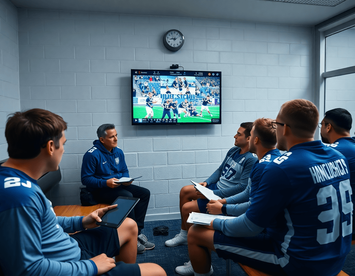 Video review of basketball drills defense as coach shows clips to players during practice.