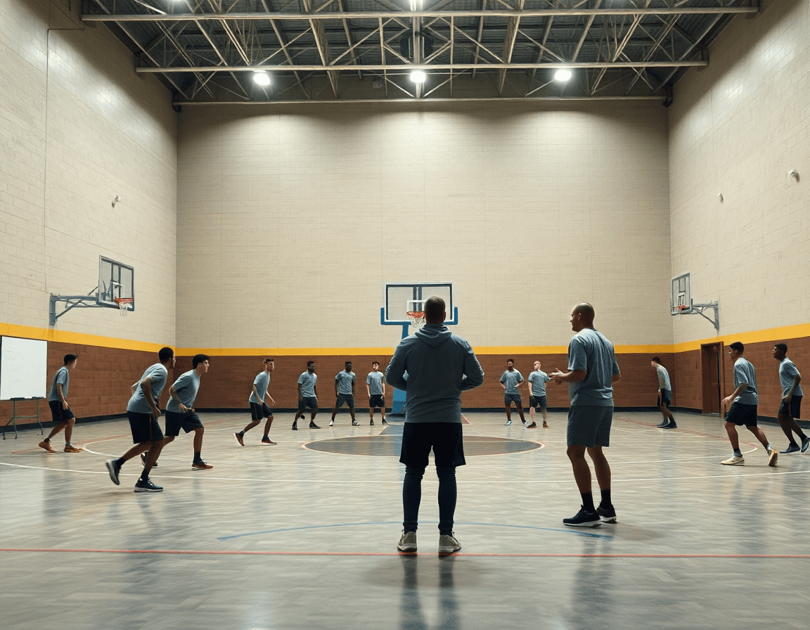 Epic wide shot highlighting basketball drills defense in a gym with coach guiding players.