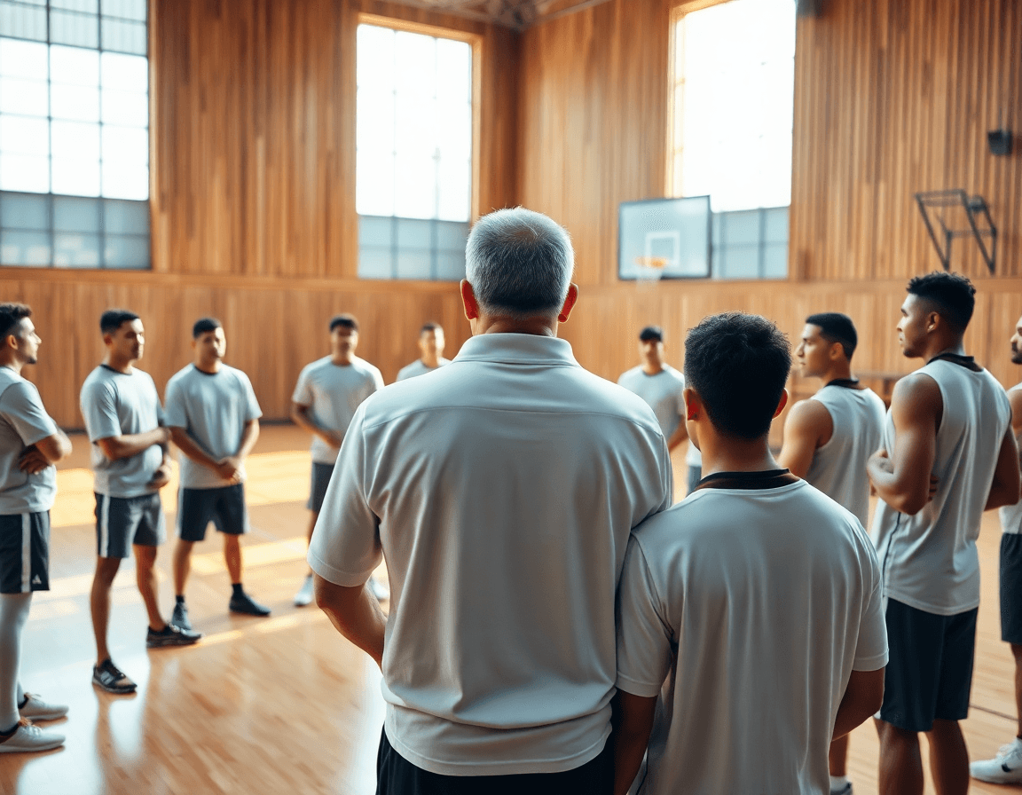 Basketball coach leading a team practice in a gym
