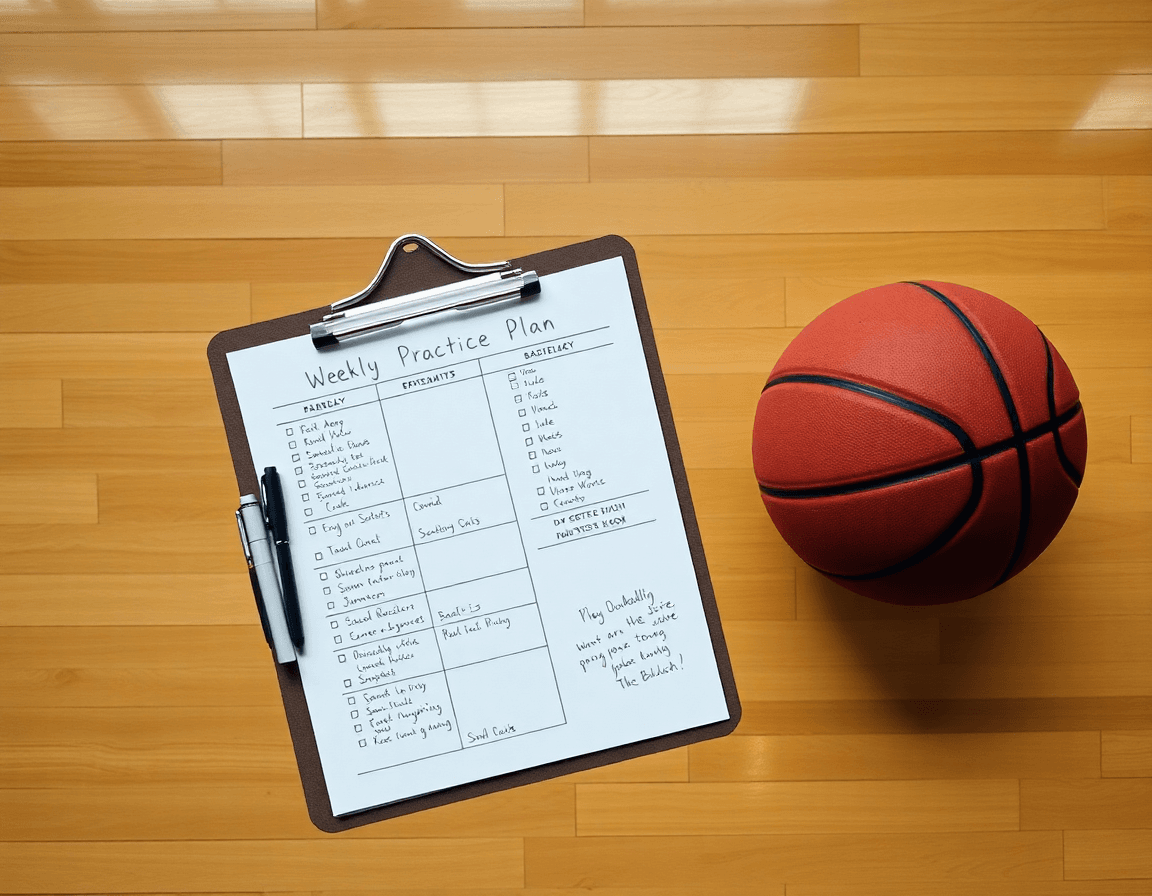 Coach's weekly practice plan on a clipboard