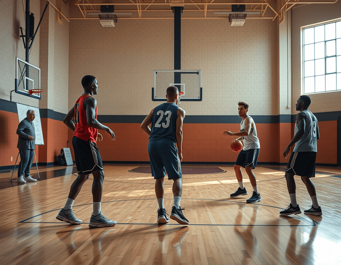 Mid-range shot shows four players practicing a basketball passing and spacing drill on the hardwood, basketball.