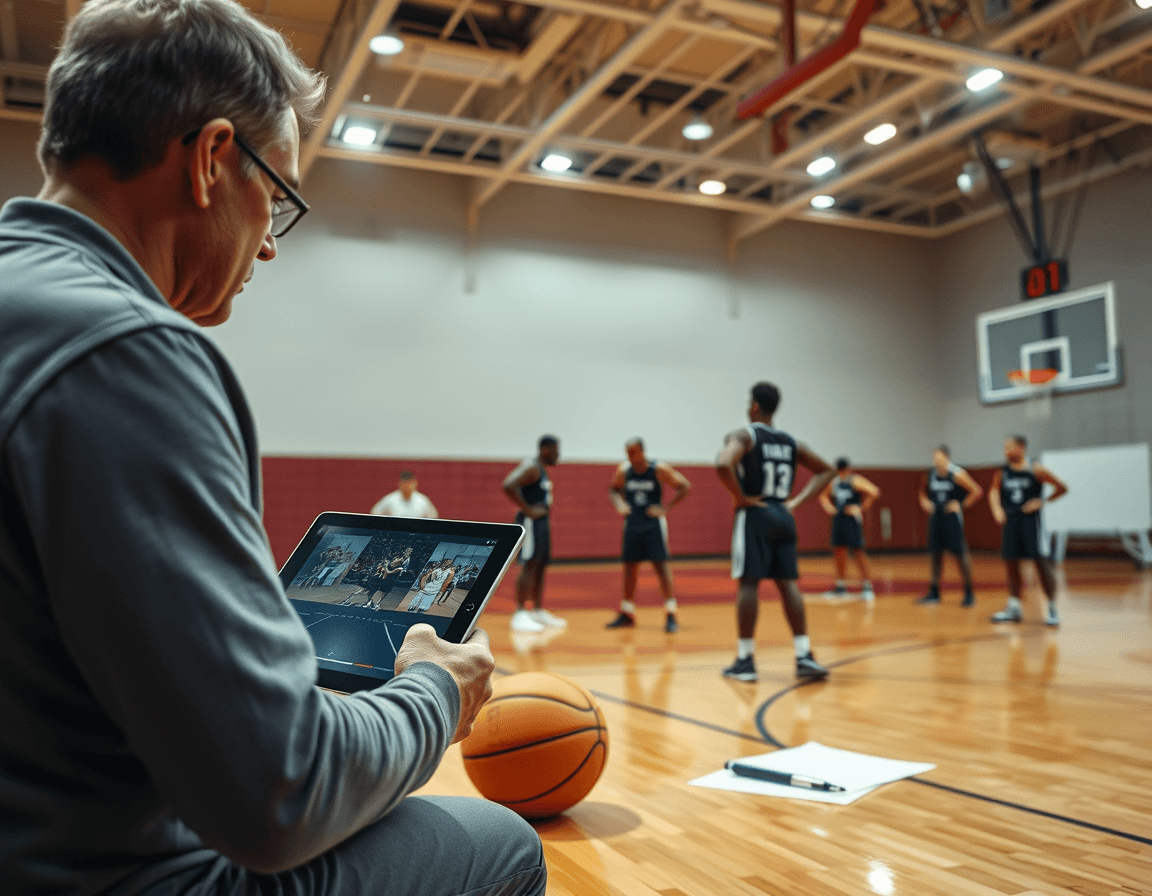 Close-up of basketball drills for 4 players being reviewed on a tablet during cooldown.