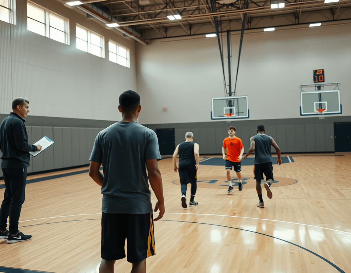 Wide gym scene showing basketball drills for 4 players during a focused team practice.