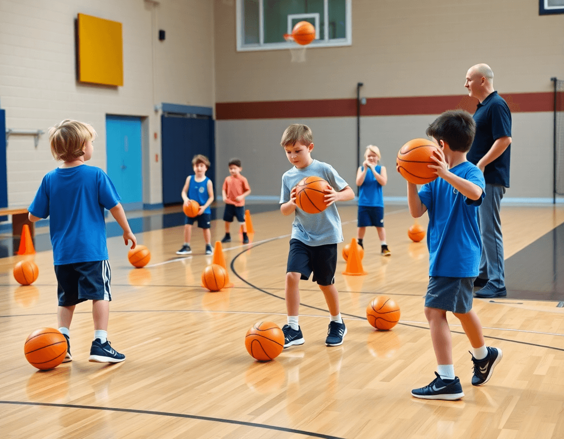 Progression of basketball drills for 5 7 year olds in a gym with cones and teammates.