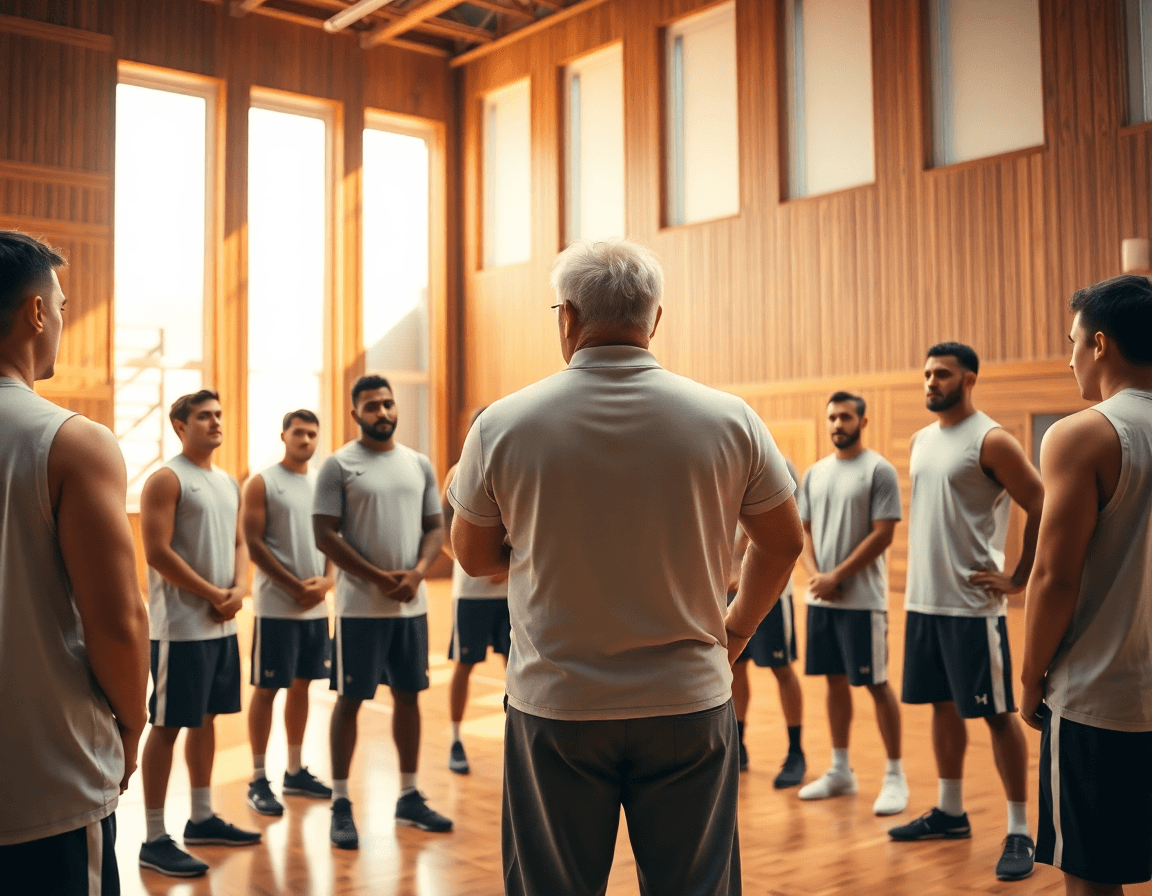 Wide shot of basketball drills for 5 7 year olds on a bright hardwood basketball court.