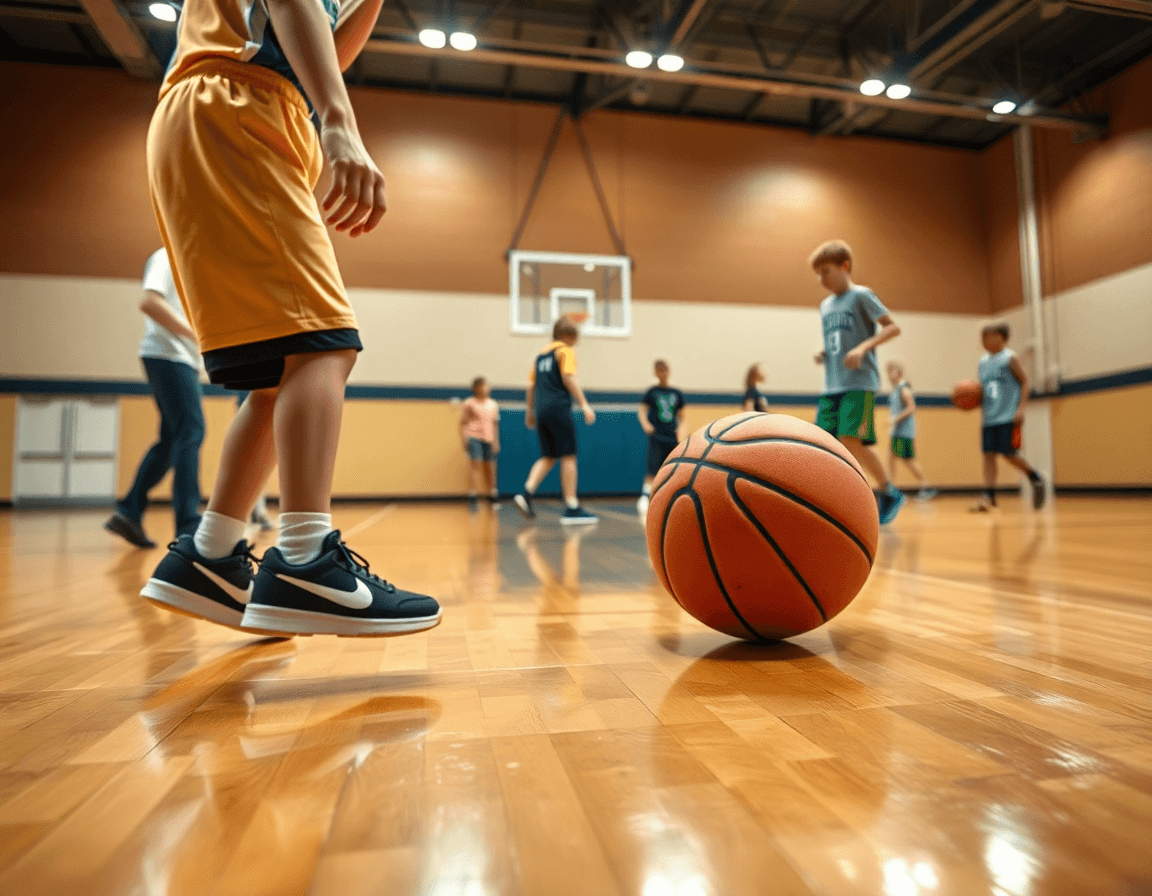 Close-up of hands dribbling a basketball during basketball drills for 6 7 year olds.