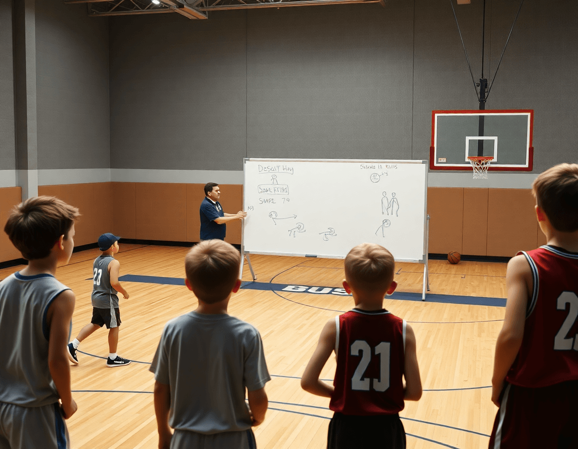 Coach uses whiteboard to diagram basketball drills for 6 7 year olds while players watch.
