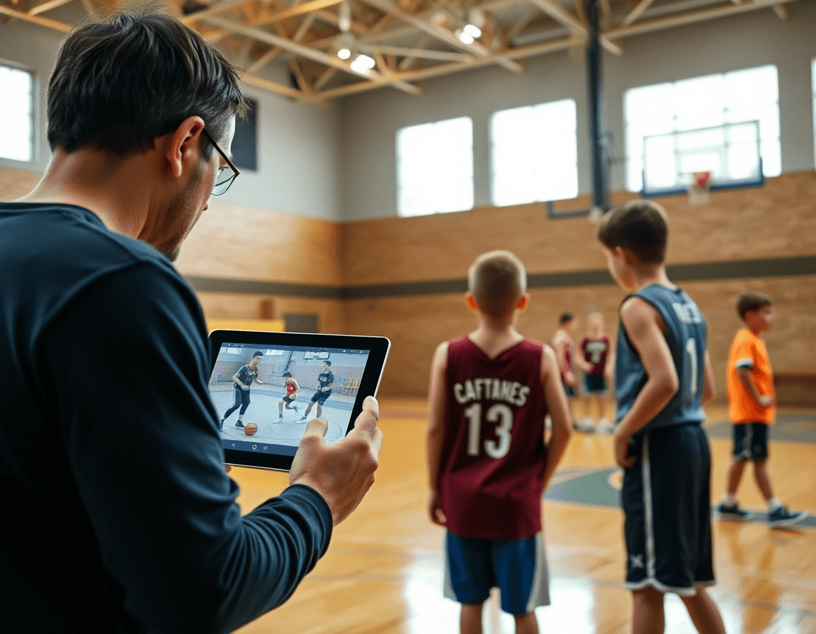 Video clips on a tablet show basketball drills for 6 7 year olds, then players practice.