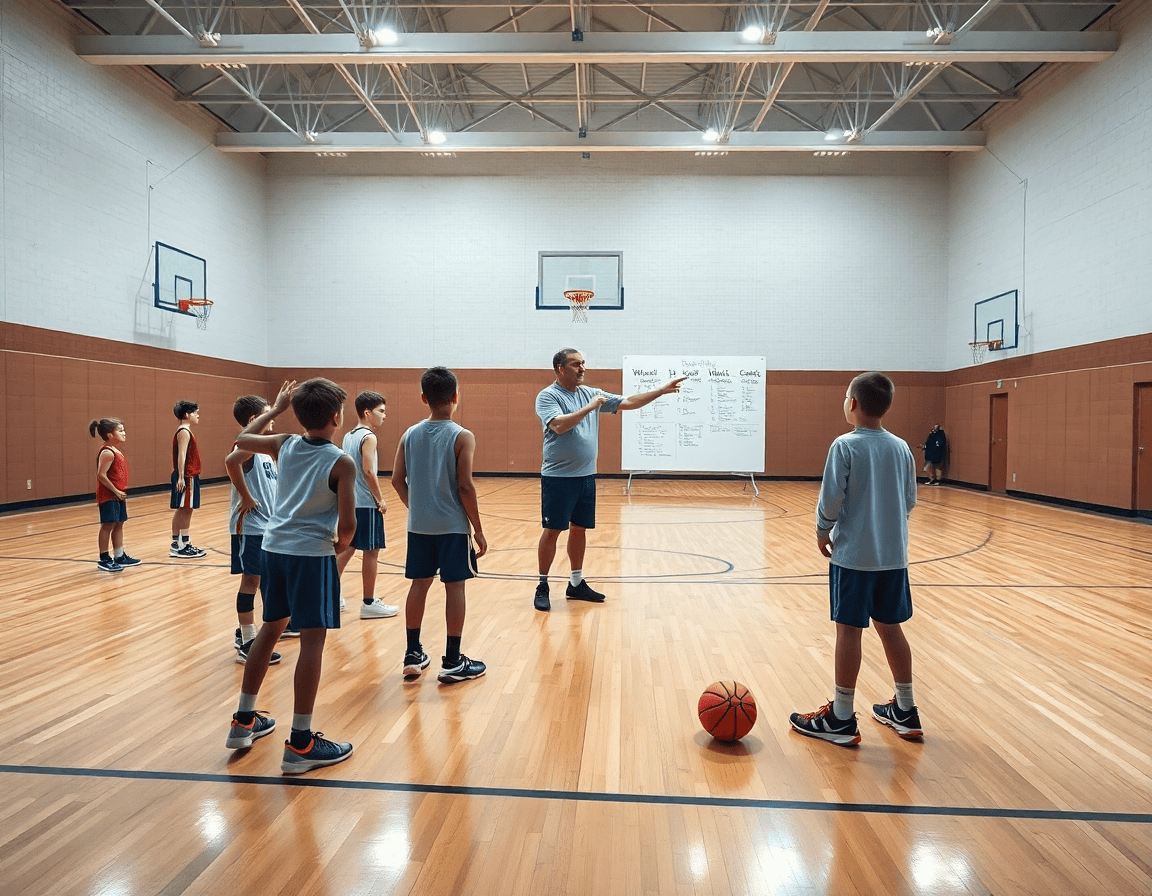 Wide basketball gym scene showing basketball drills for 6 7 year olds led by a coach.