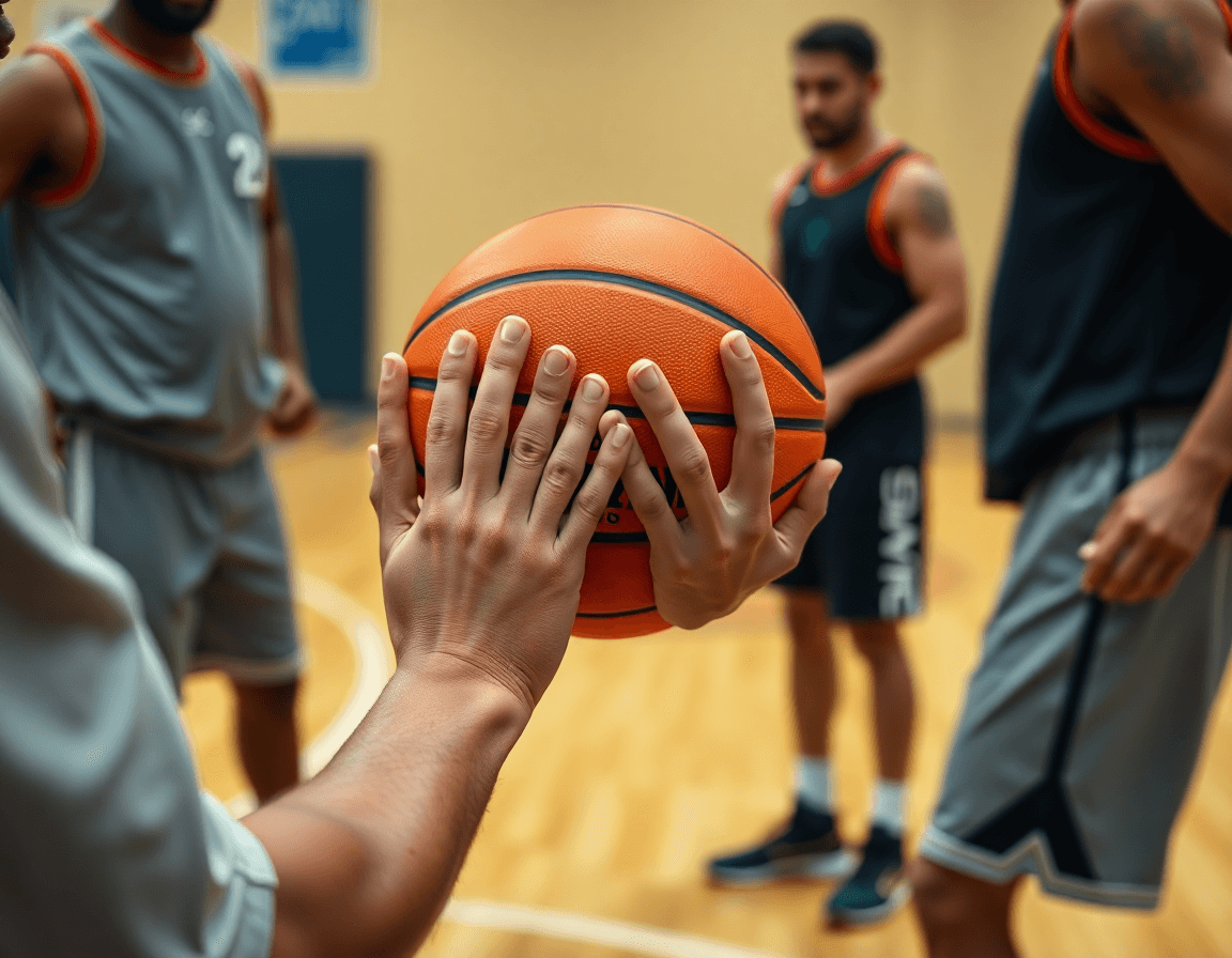 Close-up hands on orange basketball during basketball drills for coaches instruction beside the hardwood.