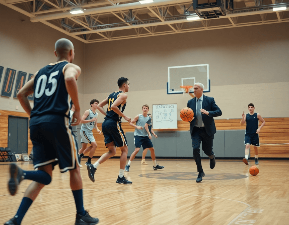 Wide action shot of full-court basketball drill for basketball drills for coaches.