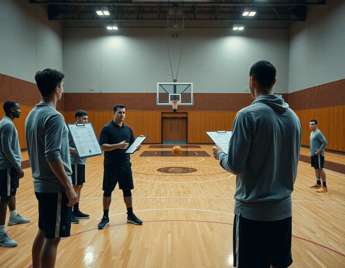 Wide basketball gym scene for basketball drills for coaches in action.