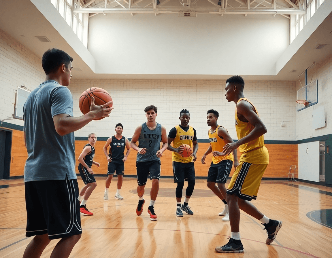 Tight shot of basketball drills for guards during progression on the hardwood.