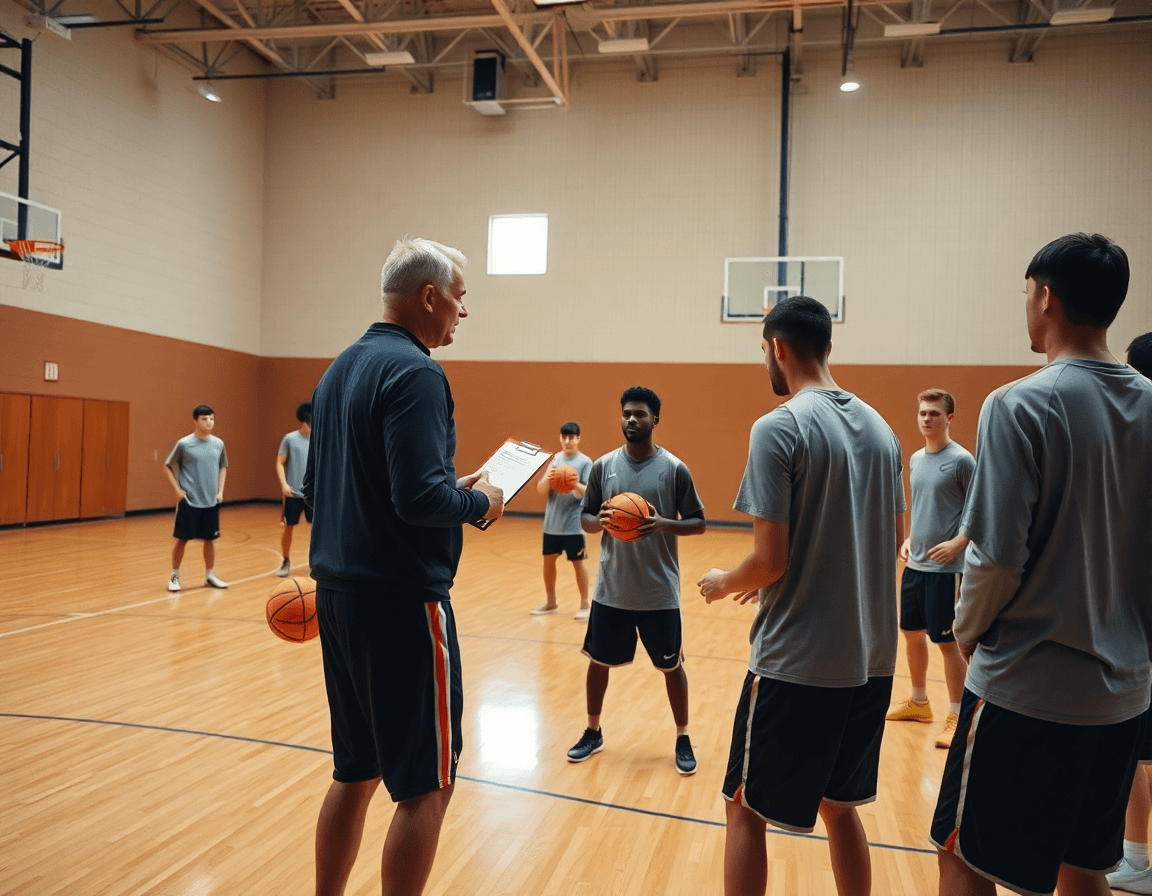 Wide shot of basketball drills for guards during practice on a bright hardwood basketball court.