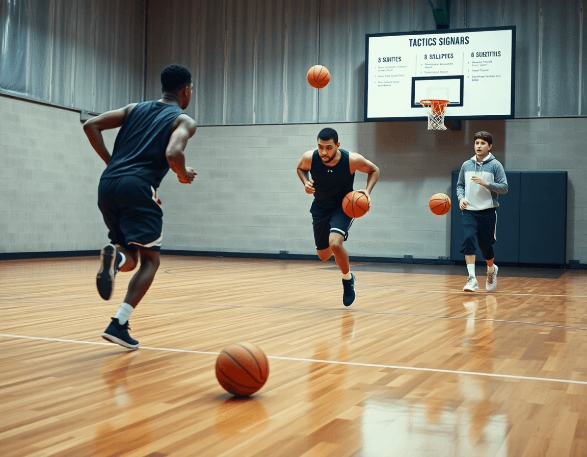 Two guards sprint a half-court basketball drill as a coach signals basketball from the sideline.