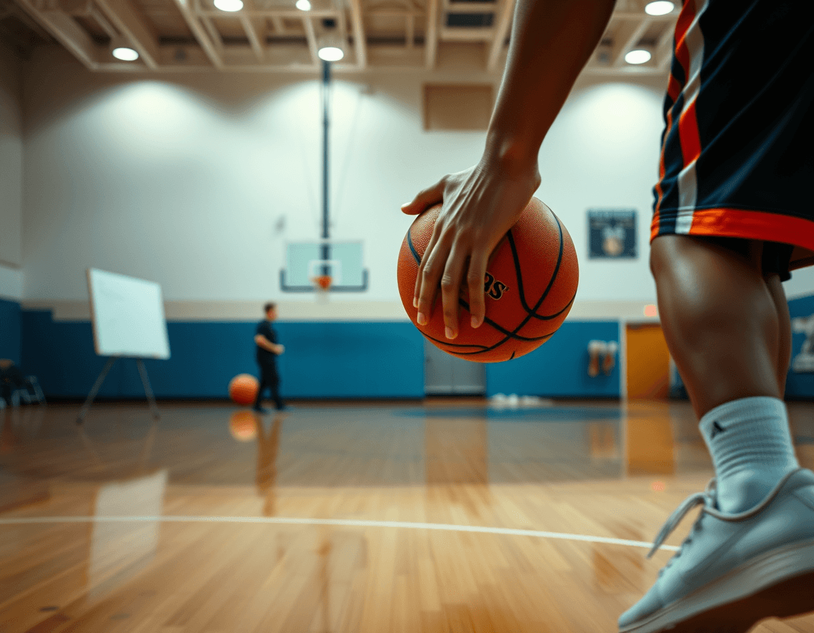 Close-up on hands dribbling during a basketball drill; the hardwood court glows under gym lights.