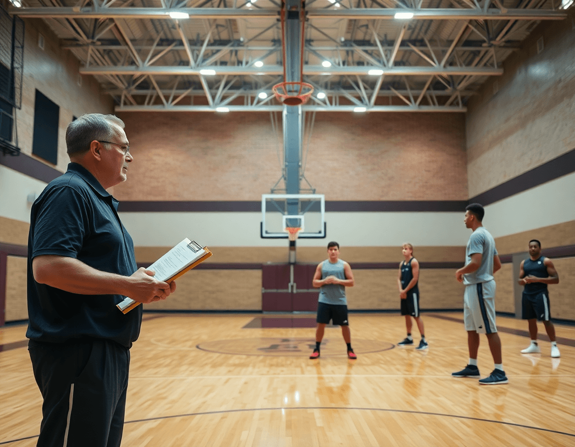 Wide view of basketball drills for high school guards in a gym, coach guiding practice.