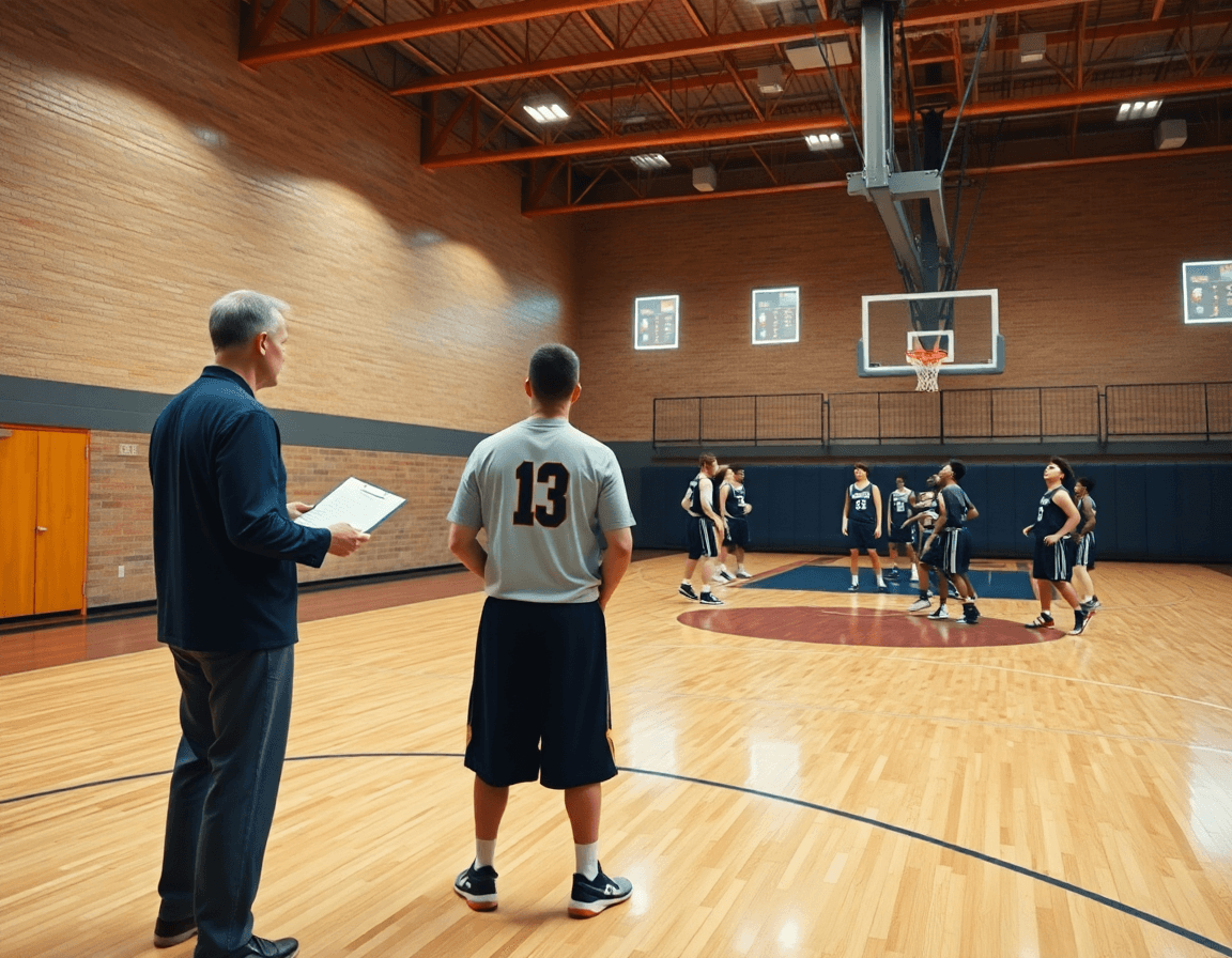 Coaching staff observe basketball drills for high school tryouts during a finishing drill on hardwood.