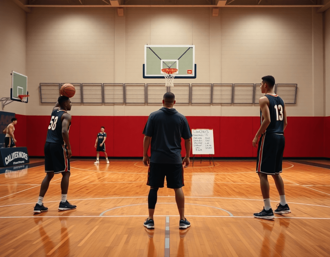 Coach guides a three-phase plan for basketball drills for high school tryouts during station rotations.
