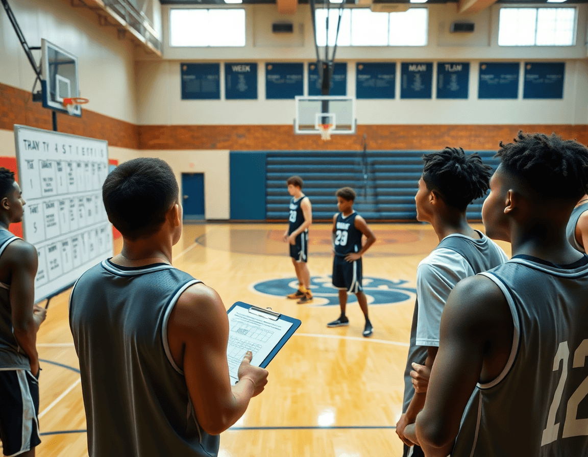 Seven-day plan comes to life as basketball drills for high school tryouts unfold on the hardwood.