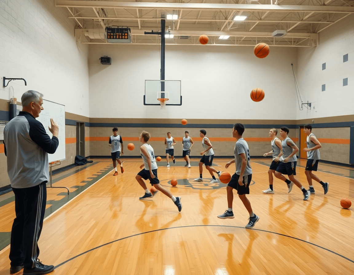 Wide-angle view of basketball drills for high school tryouts in a busy gym as a coach guides players.