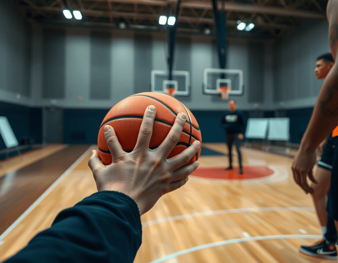 Close-up on hands gripping an orange basketball with a coach and whiteboard visible.