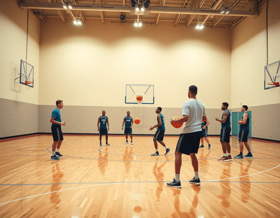 Wide cinematic basketball gym scene with players practicing basketball drills passing under a coach's guidance.