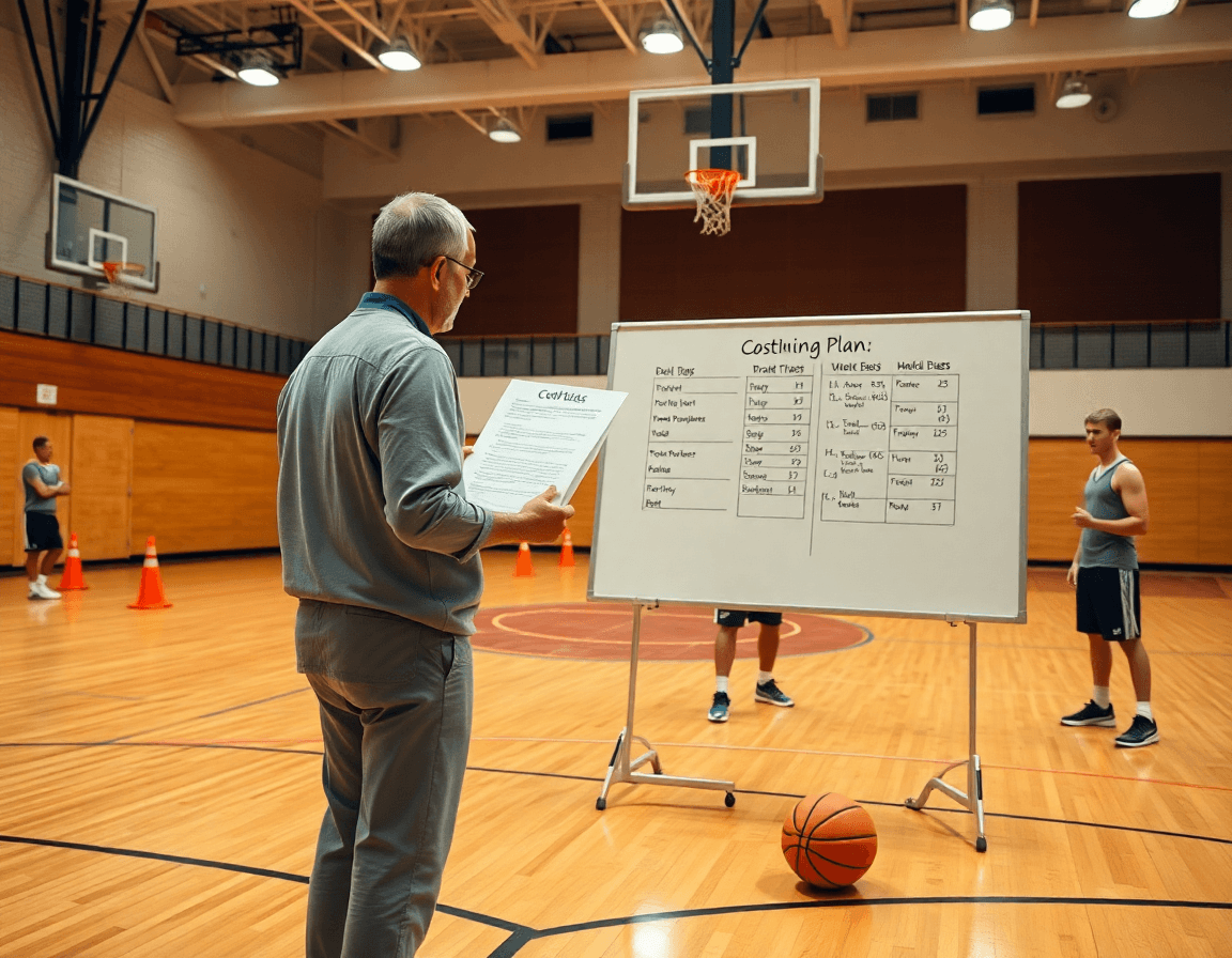 coach builds a weekly basketball plan from a basketball drills pdf in a bright gym.