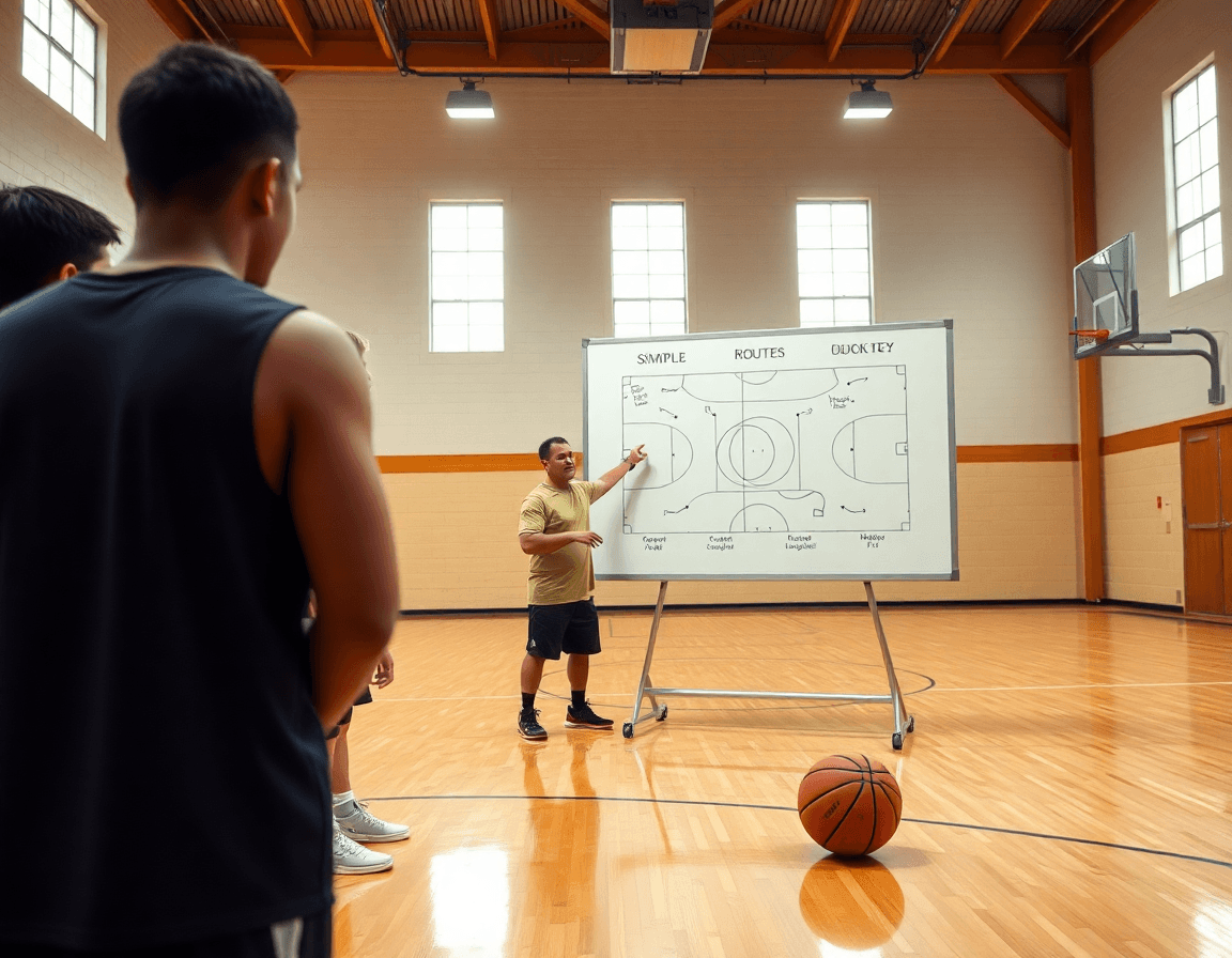 Coach converts a basketball drills pdf into whiteboard basketball plays for the team in a gym.