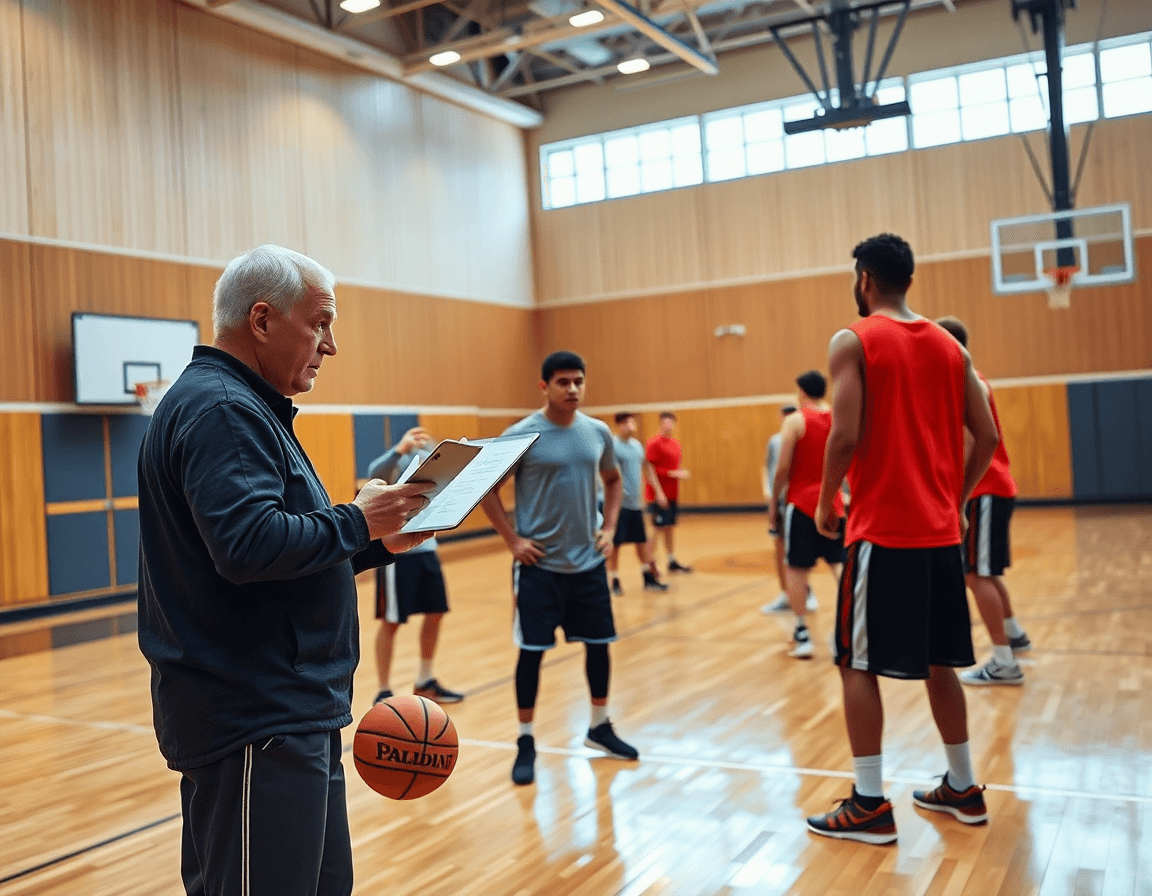 Coach adapts a basketball drills pdf into basketball scout-driven practice on hardwood in a gym.