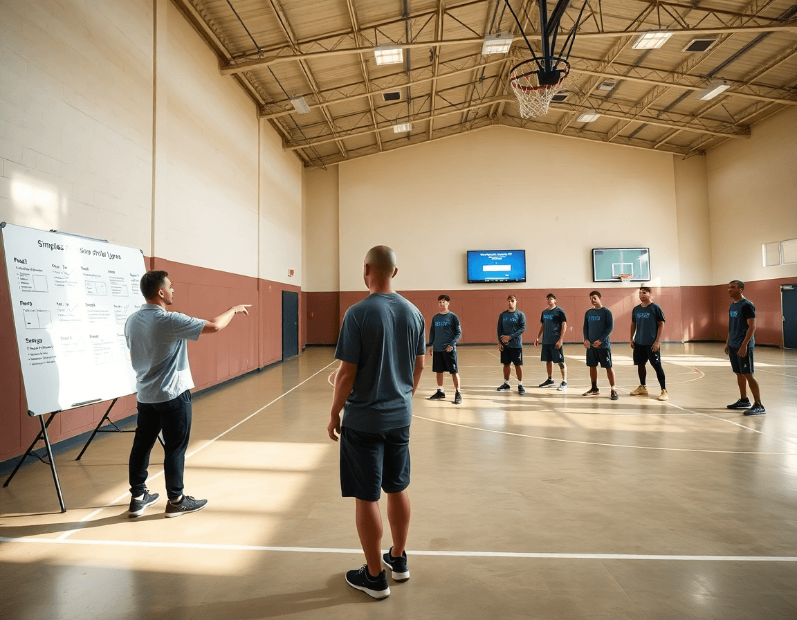 Wide shot of a gym as the coach explains basketball drills shooting with a whiteboard.
