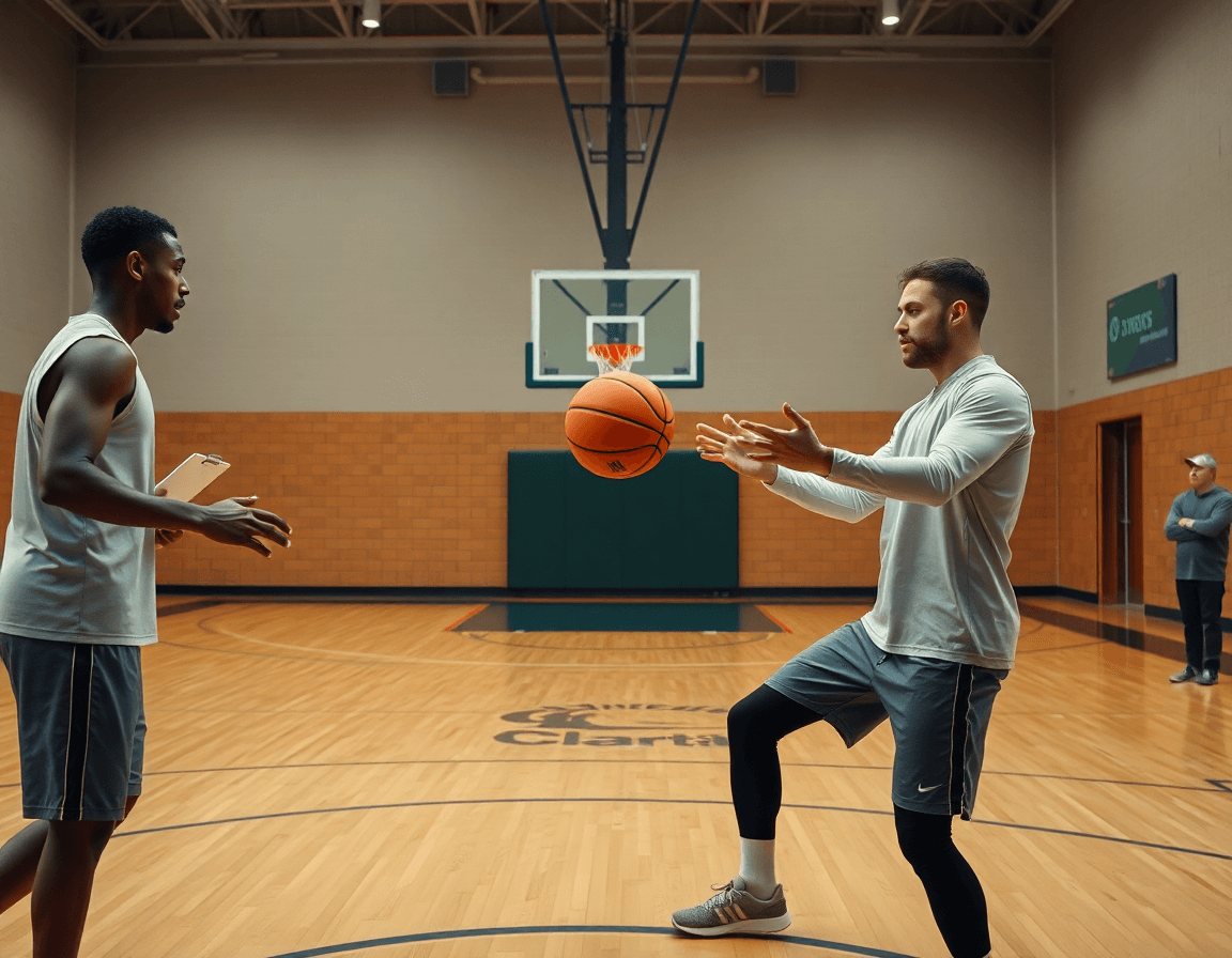 Two players in plain training kits drill basketball passes on hardwood court; basketball drills software guides the session.