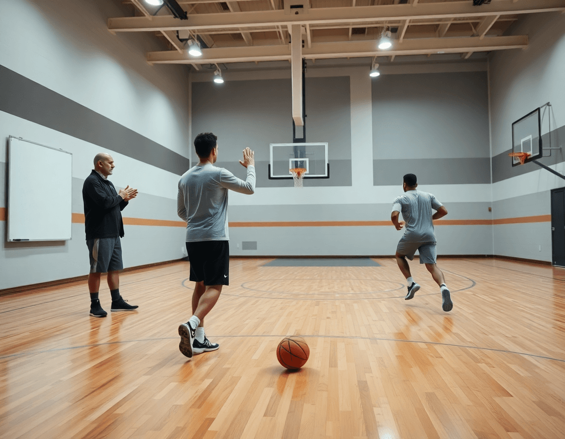 Coaching session shows basketball drills software in action as players in plain training kits run drills together.