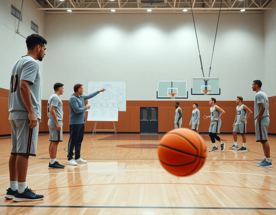 On-court overview shows basketball drills software guiding players in plain training kits through scouting notes and passes.