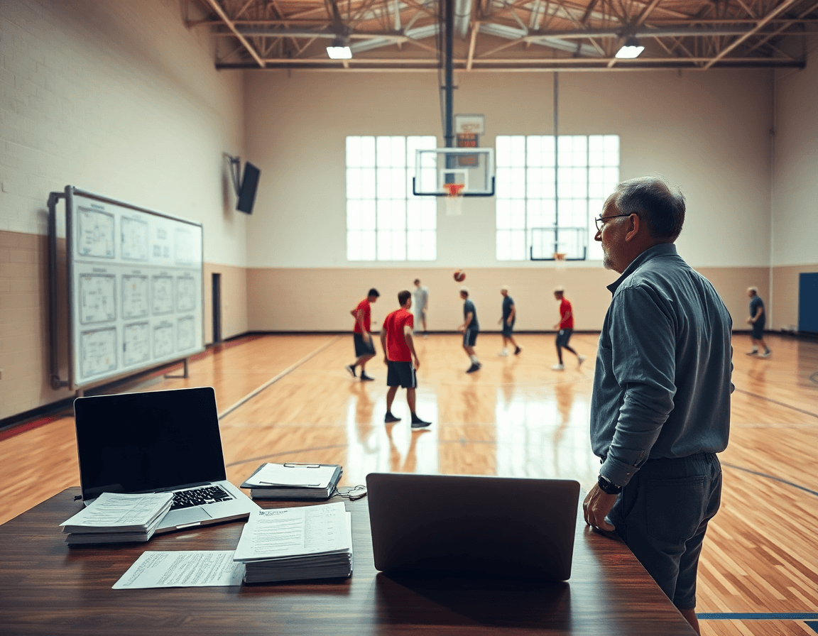 Wide cinematic view of a basketball gym scene where a coach plans basketball drills software with players.