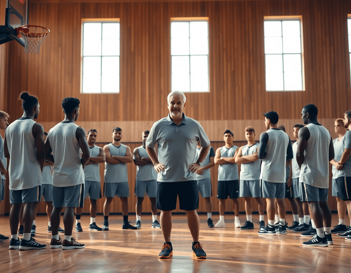 Basketball coach leading a team practice in a gym